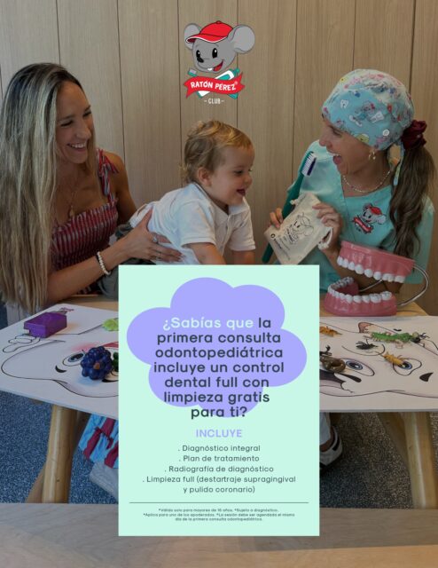 ¿Sabías que la primera consulta odontopediátrica incluye un beneficio para ti? 🐭🩵  Mientras tu hijo vive una experiencia entretenida, sin miedo y pensada en él… tú también puedes cuidarte 🦷  Incluye un control dental full con limpieza GRATIS para el apoderado 🙌  INCLUYE:
• Diagnóstico integral
• Plan de tratamiento
• Radiografía de diagnóstico
• Limpieza full (destartraje supragingival + pulido coronario)  Porque en el Club Ratón Pérez, cuidamos sonrisas… ¡de toda la familia! 💫  📲 Escríbenos y agenda tu hora  Válido solo para mayores de 16 años. Sujeto a diagnóstico. Aplica para uno de los apoderados. La sesión debe ser agendada el mismo día de la primera consulta odontopediátrica.