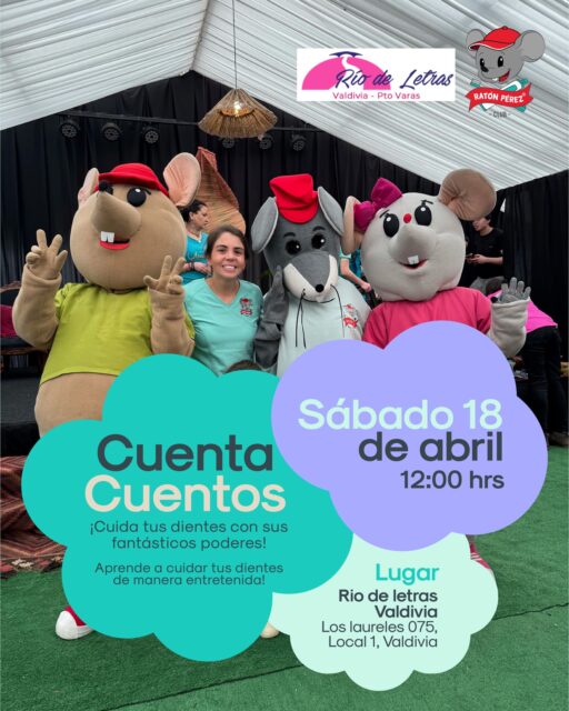 ¡Cuenta cuentos con el Club Ratón Pérez! 📚🦷  Ven a vivir una experiencia mágica donde los dientes se transforman en héroes 🦸‍♂️
A través de entretenidos cuentos, los más pequeños aprenderán a cuidar su sonrisa con los fantásticos poderes del Ratón Pérez 🐭  🎉 Aprende a cuidar tus dientes de manera divertida
📚 Historias + educación + magia  📅 Sábado 18 de abril
🕛 12:00 hrs  📍 Lugar: Río de Letras @riodeletrasvaldivia 
Los Laureles 075, Local 1
Valdivia  ¡Te esperamos para una mañana llena de cuentos, sonrisas y aprendizaje! 🩵