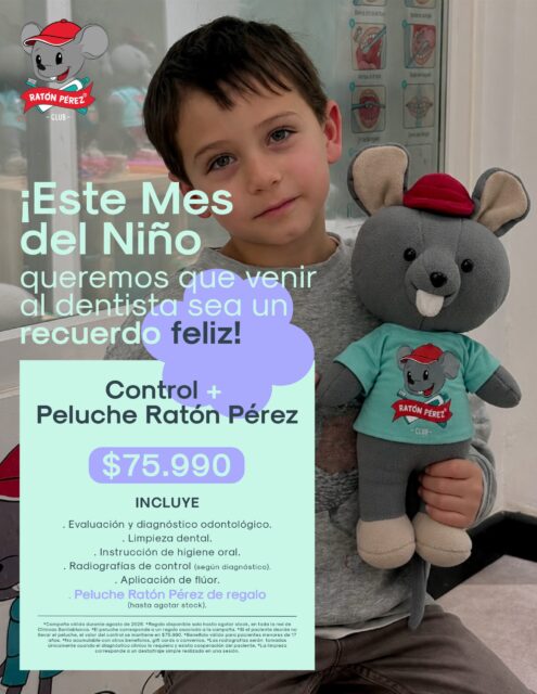✨ Agosto comenzó con todo en Club Ratón Pérez 🐭🩵  Porque queremos que cada visita al dentista se transforme en un recuerdo feliz, durante este Mes del Niño tenemos una sorpresa especial 🎁  Agenda el Control + Peluche Ratón Pérez por $75.990 incluye evaluación, limpieza, instrucciones de higiene oral, radiografías de control (según diagnóstico), aplicación de flúor y un Peluche Ratón Pérez de regalo (hasta agotar stock) 🦷  ¡Los esperamos para seguir llenando sonrisas de buenos recuerdos! 🐭