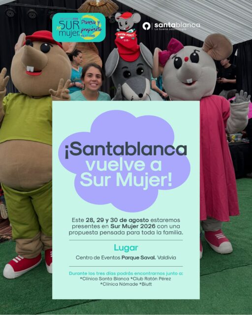 ¡Nos encontramos en Sur Mujer Valdivia 2026! 🐭  Este fin de semana, Club Ratón Pérez llega a Valdivia para ser parte de un encuentro pensado para disfrutar, compartir y conocer distintas propuestas para toda la familia.  Estaremos junto a Clínica Santablanca, Clínica Nómade y Biutt, felices de poder acercarnos a la comunidad, conversar con ustedes y contarles más sobre cómo acompañamos a los niños en el cuidado de su salud bucal de una manera cercana, entretenida y positiva 🦷  📅 28, 29 y 30 de agosto
📍 Centro de Eventos Parque Saval, Valdivia  ¡Guarda la fecha y ven a visitarnos!
El Ratón Pérez y todo nuestro equipo te estarán esperando 🐭❤️